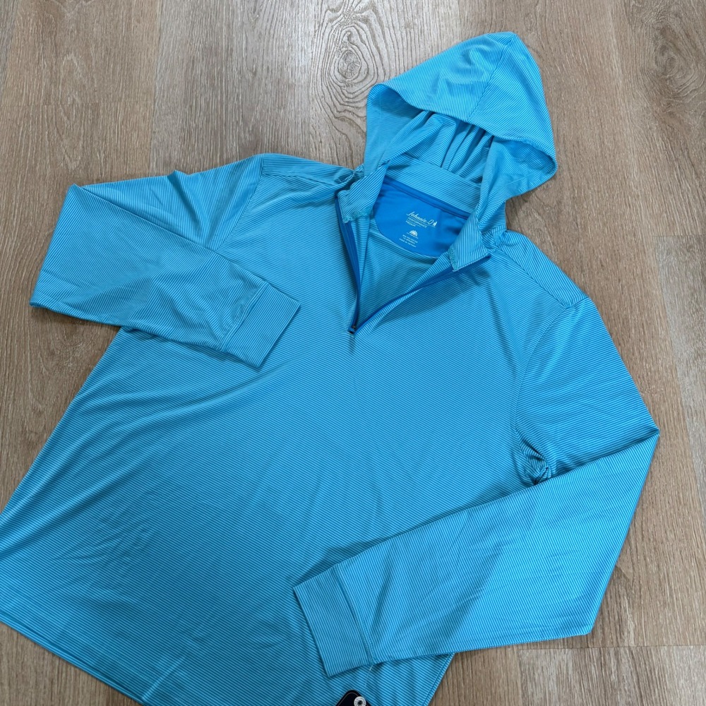 Johnnie-O Hybrid Hoodie Men Medium Blue Striped Golf Performance 1/4 Zip NWT